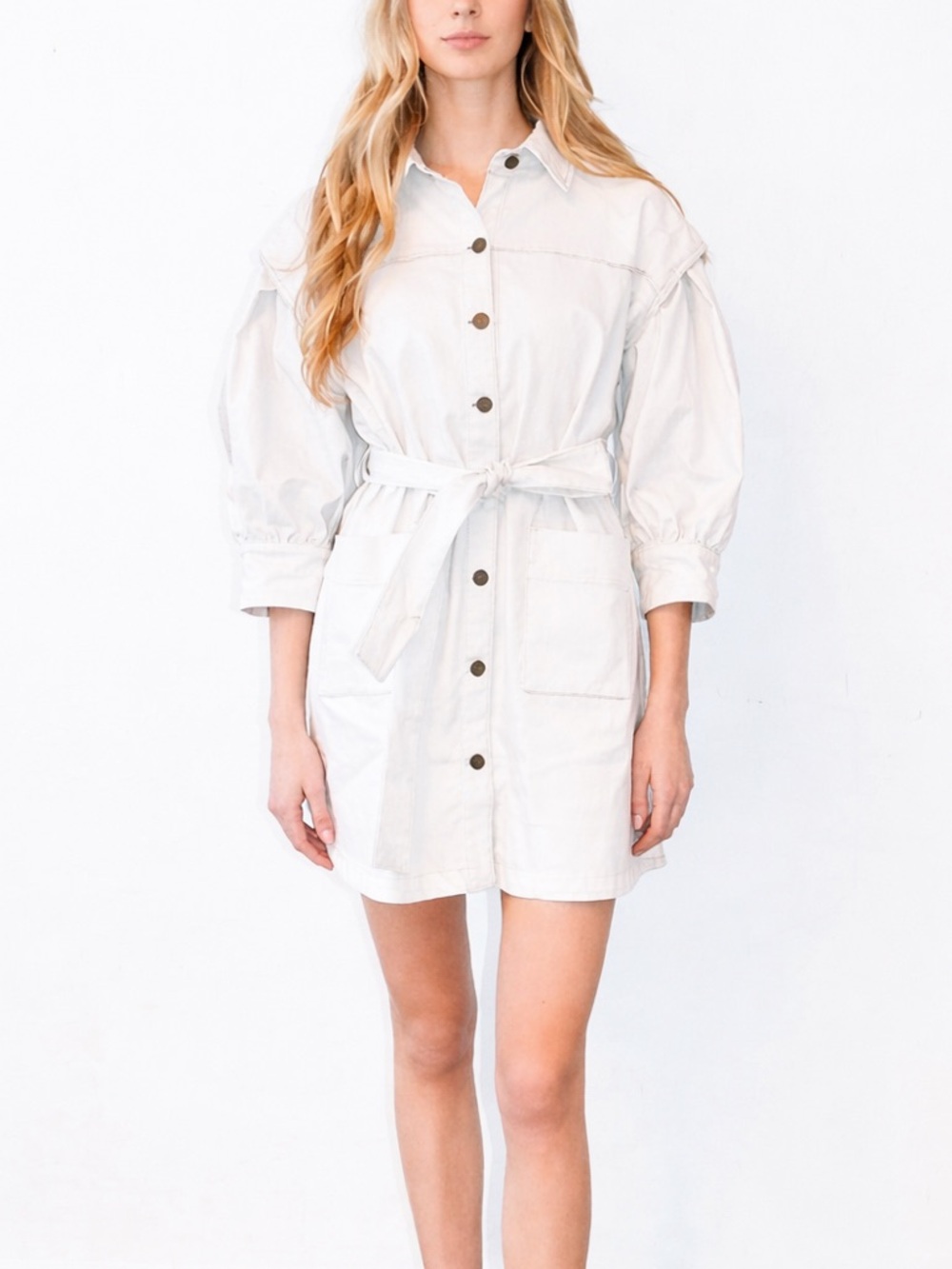 Never A Wallflower White Denim Mini Dress Puff Sleeve Belted Utility Large